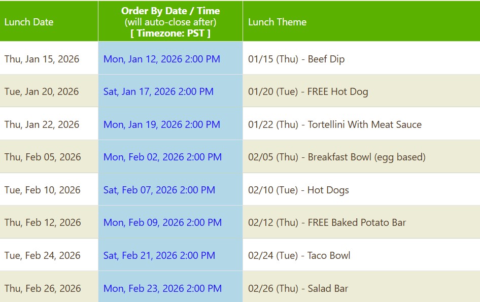 January February Hot Lunch